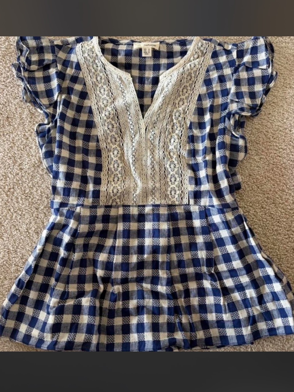 Gingham Lace-Trim Peplum Blouse in Blue and White